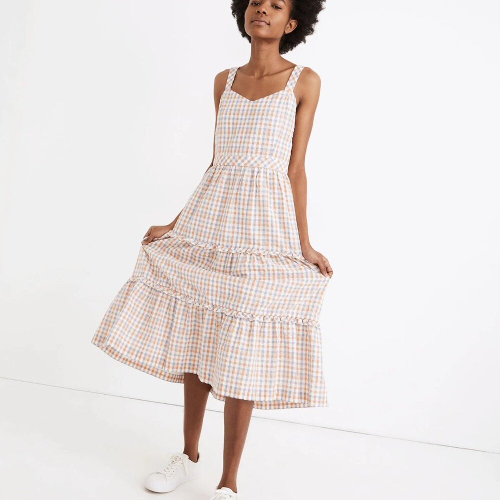 >Madewell Gingham Sweetheart Ruffle-Tiered Midi Dress Size 14